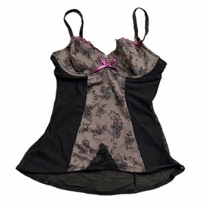 90s Y2K European Vintage Corset Lace Mesh Bustier Top (Black/Tan/Fuchsia) Small